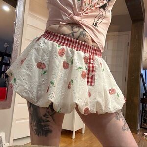 Floral Eyelet Mini Skirt with Gingham Waistband - White/Pink